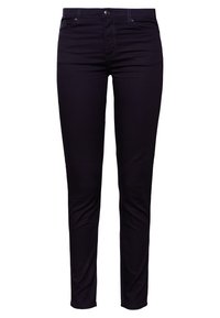 Svarta, kroppsnära denimjeans med en slät yta, fem-fickorsdesign och framknäppning. Har diskreta sömnadsdetaljer.