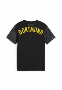 Camiseta deportiva negra con mangas cortas, acentos grises y texto amarillo "DORTMUND" en la parte posterior. Hecha de tela transpirable.