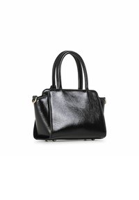 Borsa a mano in pelle nera con finitura lucida, doppio manico, forma strutturata e dettagli in metallo color oro.