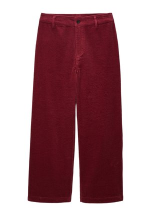 Pantalons larges en velours côtelé bordeaux avec une surface texturée, dotés d'une fermeture à bouton devant et de passants de ceinture.