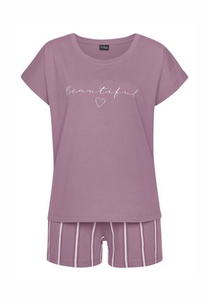 Purple short-sleeve top with "You are Beautiful" text and heart above matching purple shorts with vertical white stripes.