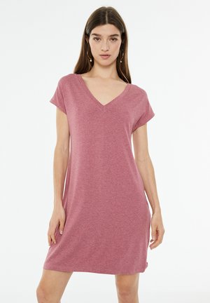 Short-sleeve, V-neck dress in soft, heathered mauve fabric. Relaxed fit with a straight silhouette, reaching mid-thigh.