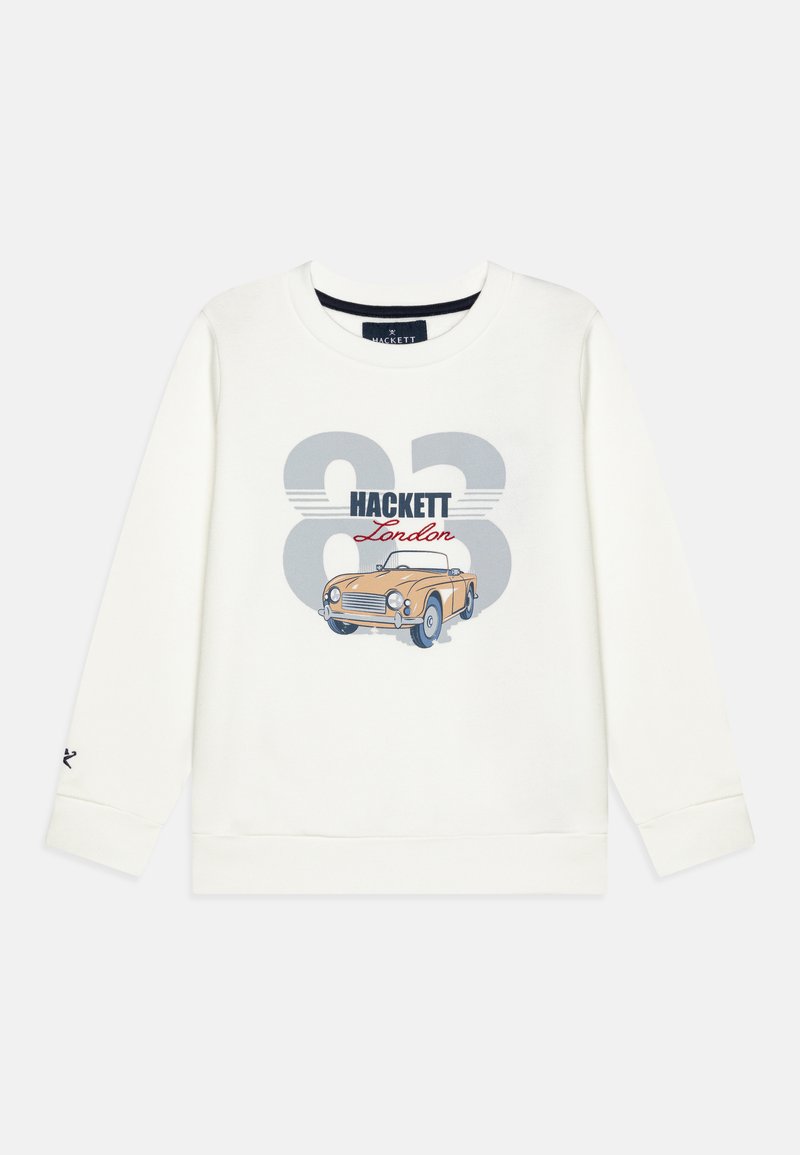 Felpa bianca con stampa grafica che presenta il testo "HACKETT London" e un'auto d'epoca. Polsini e orlo a costine, texture morbida.