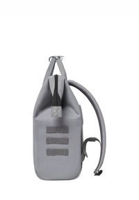 Gray backpack with a smooth, durable fabric. Features a top zipper, two shoulder straps, and three webbed loops on the front for attachment.