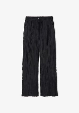 Black wide-leg pants with a crinkled texture, featuring an elastic waistband, adjustable drawstring, and a single button detail.