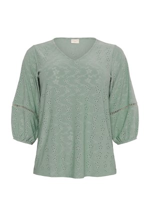 Lichtgroene blouse met een V-hals, pofmouwen en oogjesontwerp met patroon uitsparingen. Zachte stof met een subtiele glans en textuuraccenten.