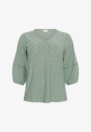 Hele rohelise tooni pluus V-kaeluse, puff-varrukate ja silmadega disainiga, millel on mustrilised lõiked. Pehme kangas kerge läike ja tekstuursete aktsentidega.