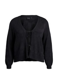 Črn pleteni kardigan z globokim V-izrezom, sprednjim zavezovanjem in strukturiranim vzorcem. Ima dolge rokave in skrajšan rob.