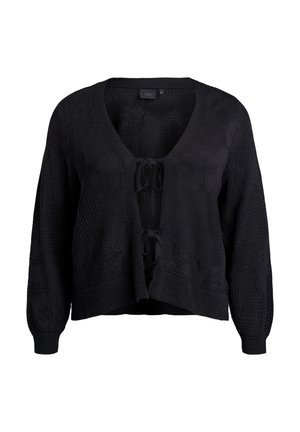 Mustavillinen neulecardigan, jossa on syvä V-pääntie, edessä nauhakiinnitys ja teksturoitu kuvio. Ominaisuuksiin kuuluvat pitkät hihat ja lyhyt helma.