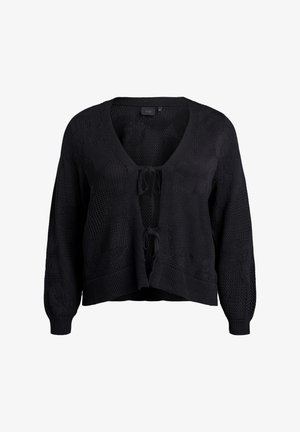 Černý pletený kardigan s hlubokým výstřihem do V, předním zavazováním a texturovaným vzorem. Má dlouhé rukávy a zkrácený lem.