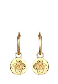Guld hoops øreringe med en rund skive charm med et blomsterdesign, poleret finish, indviklede petal detaljer og en glat tekstur.