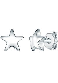 Pendientes de aro en forma de estrella plateada con un acabado pulido, que presentan un cierre seguro y una textura suave. Detalles de diseño redondeado y angular.