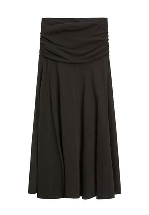 Zwarte maxi rok met hoge taille, brede geplooide tailleband en een vloeiende A-lijn silhouet.