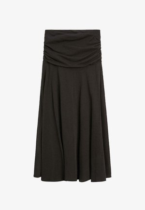 Zwarte maxi rok met hoge taille, brede geplooide tailleband en een vloeiende A-lijn silhouet.