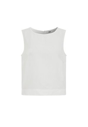 Varrukateta valge pluus ümara kaelusega ja sirge alläärega, lihtsa disainiga, taga lukuga suletav.