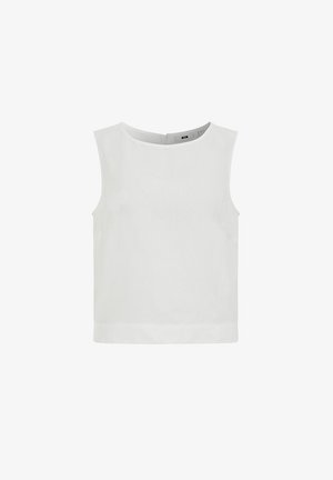 Mouwloze witte blouse met ronde halslijn en rechte zoom, eenvoudig ontwerp met ritssluiting aan de achterkant.