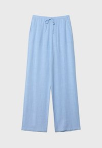 Pantalon en lin bleu clair à jambes larges avec taille élastique et cordon, conçu pour un port décontracté et confortable.