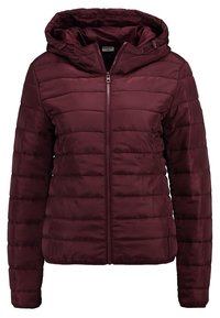 Vínová prošívaná péřová bunda se zipem vpředu a kapucí, s prošitým vzorem a hladkou lesklou texturou.