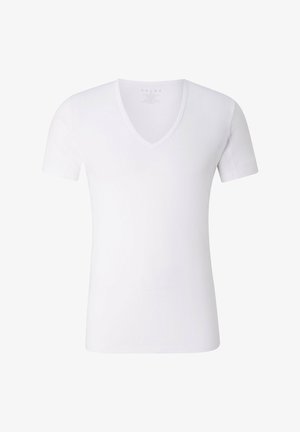 White short-sleeve V-neck t-shirt made from smooth, lightweight fabric. Features a classic fit and minimalistic design. No patterns or accents.