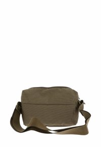 Sac bandoulière en tissu marron avec une fermeture éclair, un design plat, une sangle réglable et un motif texturé subtil.