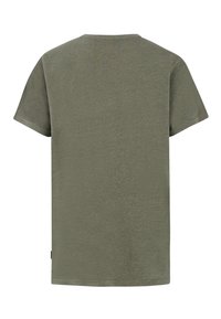 T-shirt verde oliva a maniche corte con scollatura tonda. Tessuto morbido e strutturato, taglio dritto e senza motivi o dettagli visibili.