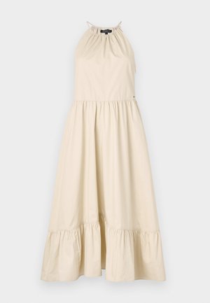 Vestido beige de alças com decote franzido, faixa elástica na cintura e saia rodada com bainha de babados. Confeccionado em tecido de algodão leve.