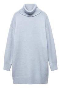Pull à col roulé oversize bleu clair, fabriqué en tissu doux, avec col, poignets et ourlet côtelés. Coupe décontractée avec manches longues.