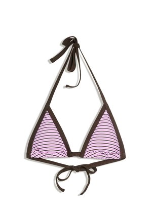 Top de bikini triunghiular cu dungi orizontale roz și maro, margini maro și legături la gât și spate, pe un fundal alb.