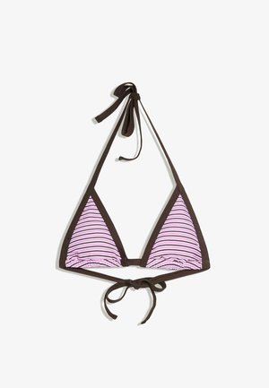 Triangle bikini top with pink and brown horizontal stripes, brown trim, and ties at neck and back on a white background.