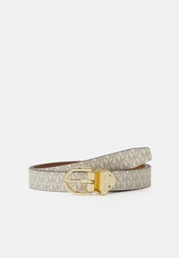 Cintura beige con motivo a fantasia caratterizzata da una fibbia in tonalità oro. Il materiale presenta un design che ripete il logo MK con una texture liscia.