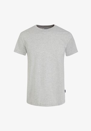 Hellgraues Baumwoll-T-Shirt mit kurzen Ärmeln, Rundhalsausschnitt und feiner Textur. Auf der linken Seite befindet sich ein kleines Markenlabel.