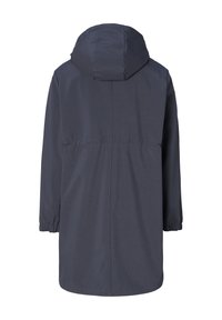 Ciemnoniebieska kurtka z kapturem, z elastycznymi mankietami, ściągniętą w talii oraz gładkim, wodoodpornym materiałem o prostym wzorze.