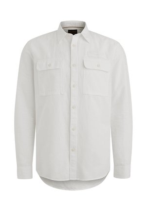 White long-sleeve shirt with button-up front, two chest pockets, plain texture, rounded hem, and cuffs. Made of lightweight fabric.