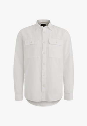 Biele košele s dlhým rukávom a zapínaním na gombíky vpredu, dvomi náprsními vreckami, jednoduchou textúrou, zaobleným lemom a manžetami. Vyrobené z ľahkej tkaniny.