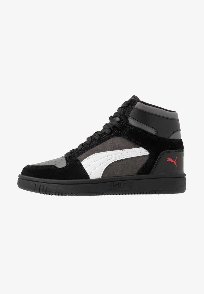 High-top sneakers with black suede, grey synthetic leather, white stripe design, black rubber sole, and red Puma logo on the heel.