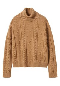 Hellbrauner Pullover mit Kabelstrickmuster und hochabschließendem, geripptem Rollkragen. Verfügt über Rautenmuster und gerippte Bündchen, die einen strukturierten Look verleihen.