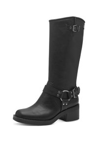 Bota de cuero negro hasta la rodilla con punta redonda, tacón resistente, correa ajustable con hebilla y textura suave.