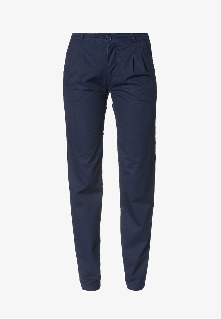 Pantalon bleu marine en coton, avec un devant plat, des plis et une fermeture par bouton. Coupe droite avec poches latérales.