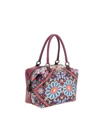 Borsa con una forma strutturata in ecopelle bordeaux, ricami floreali in blu e rosa, e doppi manici per il trasporto.