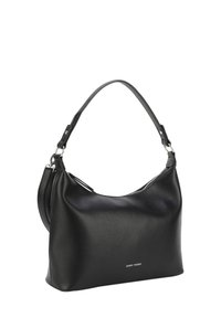 Borsa a spalla in pelle nera con finitura texture, forma curvilinea, tracolla regolabile e accessori in argento. Logo visibile sul davanti.