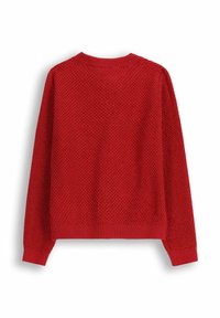 Czerwony sweter dziany z teksturowanym wzorem ściegów, prążkowanymi mankietami i krawędzią oraz okrągłym dekoltem. Pokazany jest widok z tyłu.