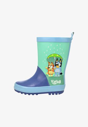 Stivali di gomma blu e verdi con cani cartoni animati sotto un ombrello, suola testurizzata e finitura liscia. Marchio sul lato.
