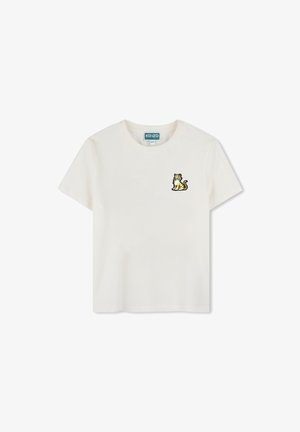 Maglietta in cotone bianca con scollo rotondo, maniche corte e un design di tigre ricamato giallo sul lato sinistro del petto.