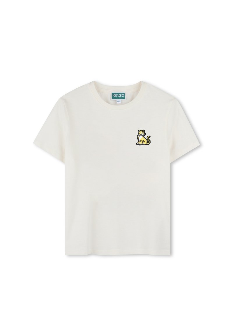 Maglietta in cotone bianca con scollo rotondo, maniche corte e un design di tigre ricamato giallo sul lato sinistro del petto.