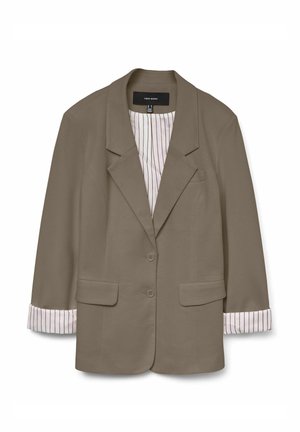 Blazer taupe avec deux boutons devant, poches à rabat, col cranté et doublure rayée rose visible sur les manches retroussées et à l'intérieur.