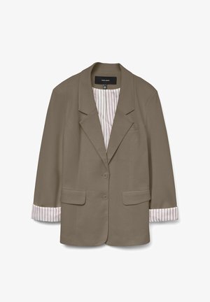 Blazer taupe avec deux boutons devant, poches à rabat, col cranté et doublure rayée rose visible sur les manches retroussées et à l'intérieur.