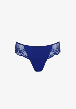 Blauwe lingerie met een gladde voorkant en een doorschijnende kanten achterkant met een geschulpte randpatroon. Zachte stof met een lichte glans.