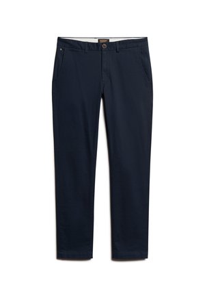 Pantalones azul marino hechos de una mezcla de algodón. Presentan un cierre con botón, dos bolsillos frontales y un diseño ajustado con una textura suave.