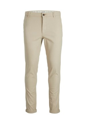 Chinos beige fabricados con tejido texturizado, que cuentan con cierre de botón, trabillas para cinturón y puños enrollados para un acabado ajustado.