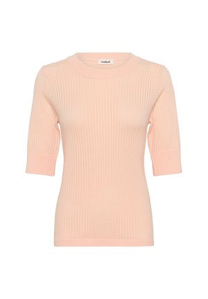 Pull en tricot côtelé rose clair avec un col rond et des manches courtes, présentant un design ajusté et une texture subtile. Étiquette logo au niveau du col.